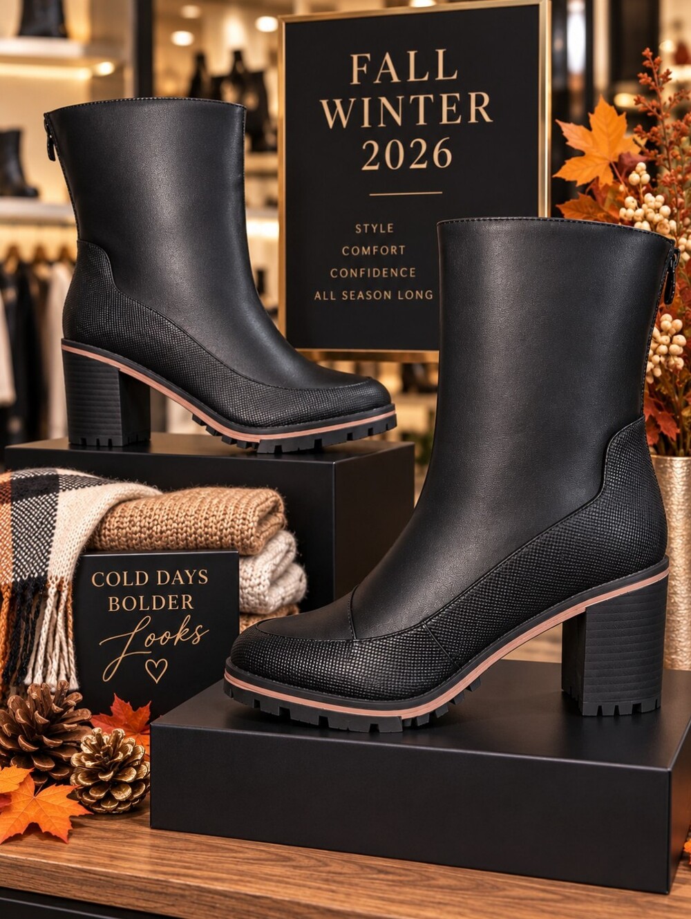 Black Water-Resistant Lug Sole Heeled Boots – New in Box - Picture 3 of 7